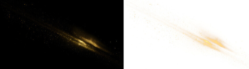 Fototapeta premium Golden Glittering Light Rays With Sparkling Dust And Dynamic Flowing Trails. Shining Sunlight Rays and Glow Effect – Bright Yellow Lens Flare