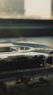 Vertical video: Camera shifting, revealing clear cassette on worn surface by window, exposing tape