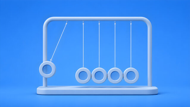 Blue minimalist Newton cradle illustration with suspended spheres, representing physics, momentum, energy transfer, motion, science, balance and cause and effect
