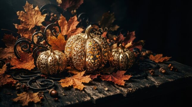 Luxury Golden Pumpkins with Autumn Leaves Decor