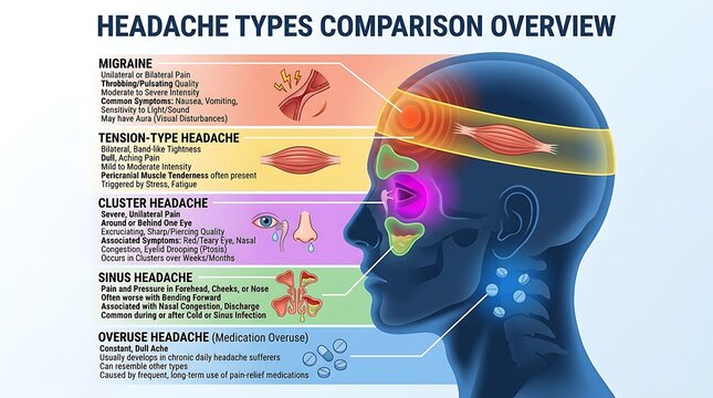 Medical infographic showing different types of headache locations
