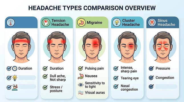Headache types comparison overview showing symptoms and locations