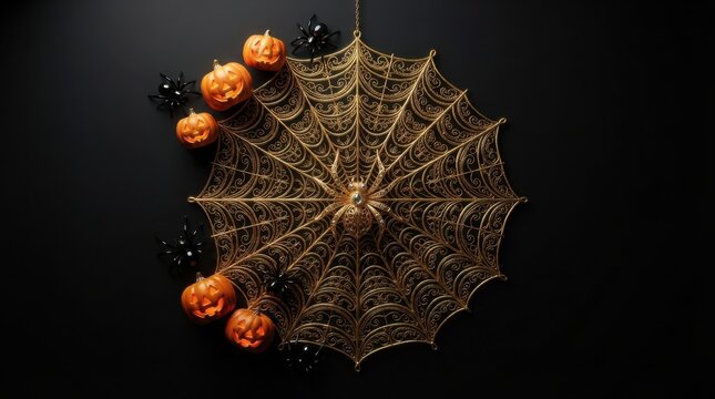 Golden Lace Spider Web Parasol with Pumpkins