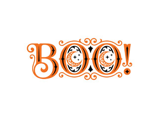 Decorative halloween boo text design featuring ornate typography with crescent moon and star patterns on white background © Jvexia
