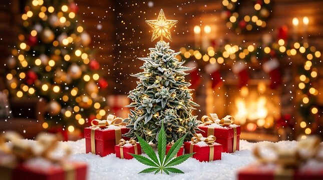 Festive christmas tree made of cannabis buds with a glowing star on top, surrounded by red gift boxes and snow in a cozy holiday living room setting
