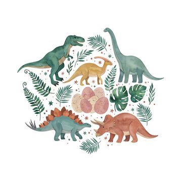 Watercolor dinosaur set. Hand painted prehistoric animals. Kids nursery art.