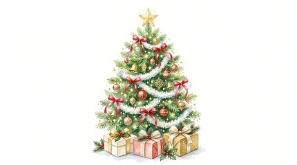 Fototapeta premium Beautifully decorated christmas tree with ornaments, ribbons, and gifts isolated on white background