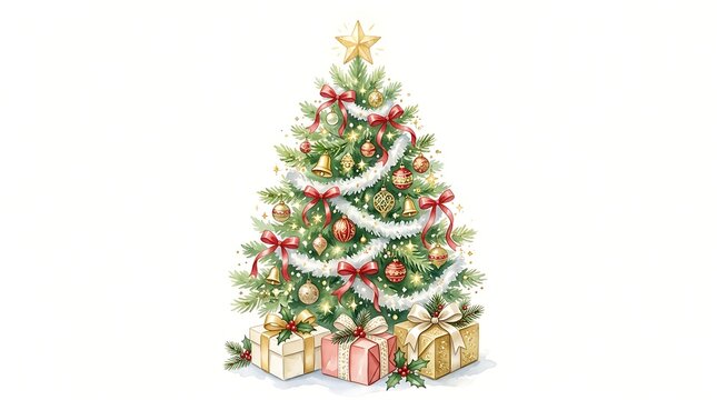 Beautifully decorated christmas tree with ornaments, ribbons, and gifts isolated on white background