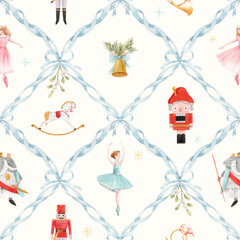 Fototapeta premium Watercolor Nutcracker Christmas Seamless Pattern with Blue Ribbon Lattice, Ballerina and Holiday Characters