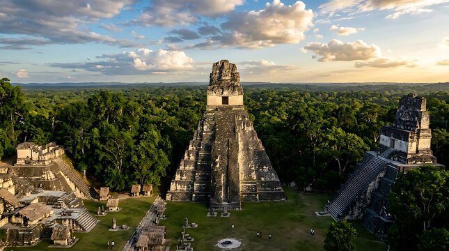 Ancient mayan pyramids stand above a dense green tropical rainforest