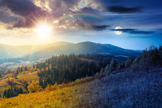 countryside mountain landscape on autumn equinox. weathered grassy field on a hill near forest. rural background. alpine highland of ukraine at twilight