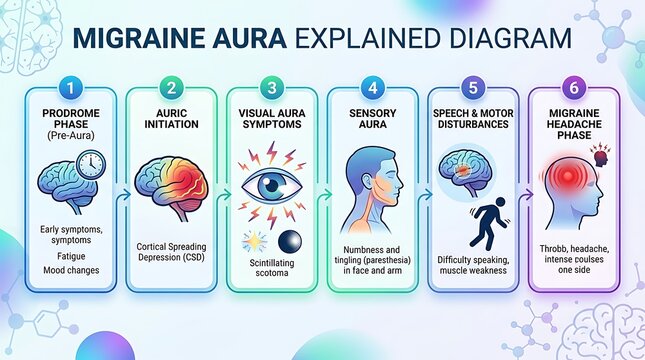 Migraine aura explained diagram showing stages from prodrome to headache