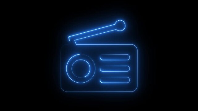 Glowing blue neon retro radio icon vintage audio broadcast receiver symbol dark background.