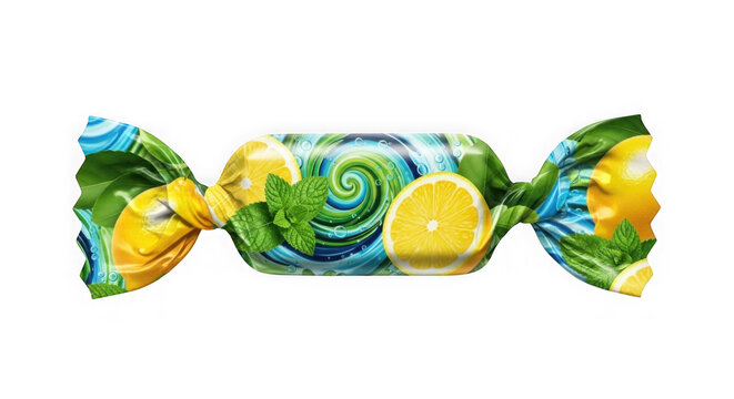 Colorful candy wrapper with green and yellow swirl design. Festive confectionery packaging for sweets and treats on transparent background.