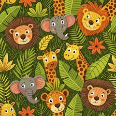 Naklejka premium Playful jungle pattern featuring animal faces like lions and elephants with leaves, AI generated