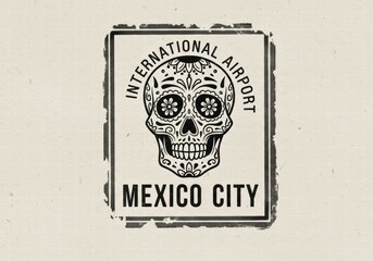 Obraz premium Ornamental skull design for Mexico City's international airport in a monochrome style, ai illustration travel graphics, AI generated