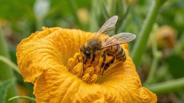 A honey bee collecting nectar and pollen from a vibrant yellow squash blossom in a garden setting