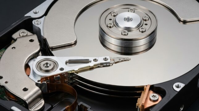 Internal hard drive disk mechanism with actuator arm and platter, computer data storage hardware, metallic electronic components
