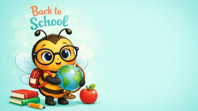 Cute back to school bee character holding a globe with glasses and backpack for children's education poster and classroom background