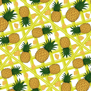 Seamless Summer Pattern Featuring Tropical Pineapples and Vibrant Green Lattice Background for Fresh Fruit Designs