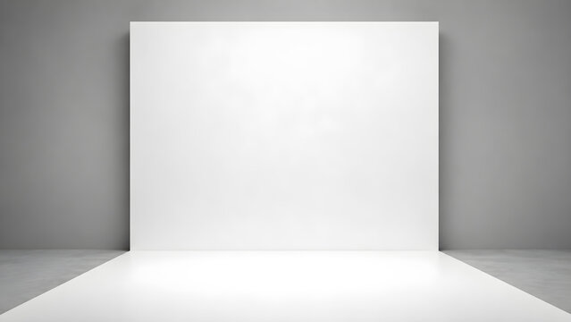 Minimal white exhibition room with soft shadows and a blank central wall, perfect for product displays, gallery presentations, branding and mockups