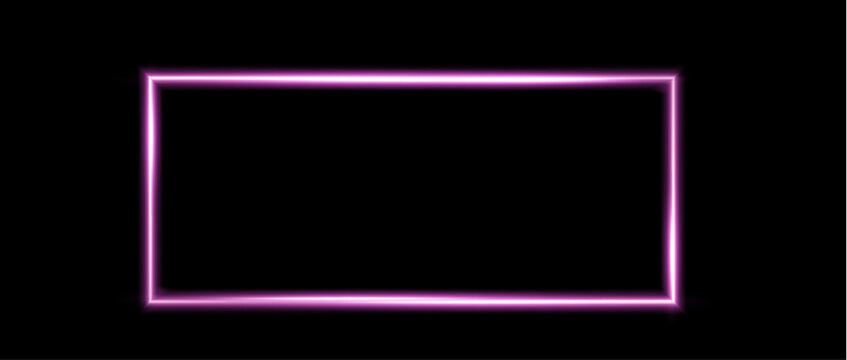Glowing pink neon rectangular frame with light effects isolated on black background