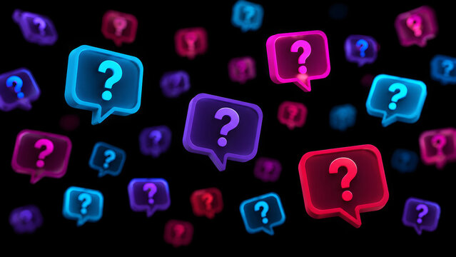 Floating colorful question mark speech bubbles on a dark background, representing digital communication, uncertainty, inquiry, problem solving, curiosity and online interaction