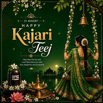 Traditional Kajari Teej Celebration with Woman in Green Saree and Sacred Shivling