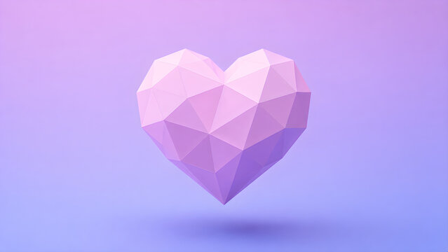Faceted translucent pink heart on a soft purple background, symbolizing love, emotion, compassion, romance, wellness, relationships and modern digital art