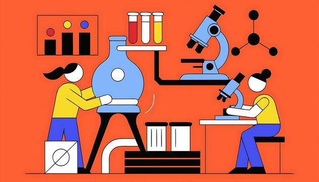 Two scientists collaborating in modern laboratory with equipment and experiments