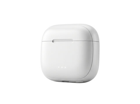 Compact white wireless earbuds charging case with led indicator lights and smooth matte finish isolated on transparent.