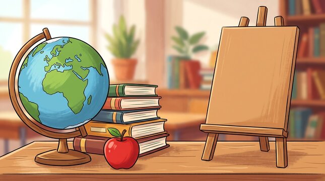 Educational classroom background with wooden easel, world globe and stack of books, school study scene with red apple