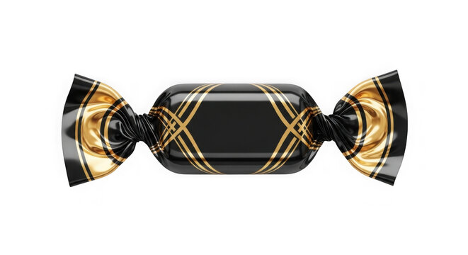 Golden chocolate candy gift bow with elegant ribbon wrap. Luxury festive confectionery packaging for premium presents and celebrations.