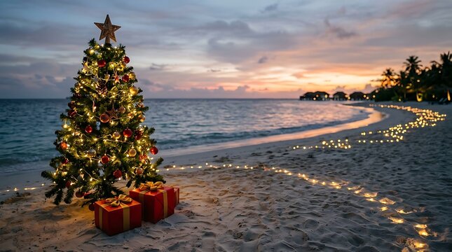 Christmas tree with glowing lights and presents on a tropical beach at sunset, maldives luxury resort vacation concept for winter holidays