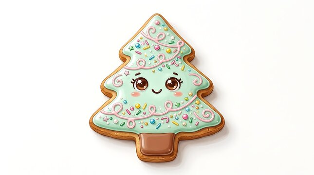 Cute christmas tree gingerbread cookie with pastel icing and colorful sprinkles isolated on white background