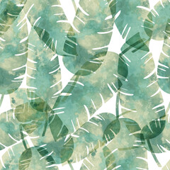 Tropical palm leaves watercolor seamless pattern in soft green tones © Ольга Кухта