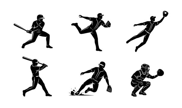 Baseball Player Silhouette Set Featuring Batting, Catching, Pitching, and Sliding Actions for Sports Designs