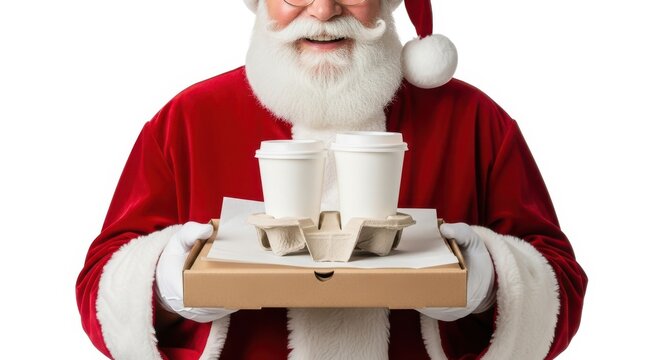 Santa Claus Serving Coffee On Tray For Christmas Holiday And Festive Celebration