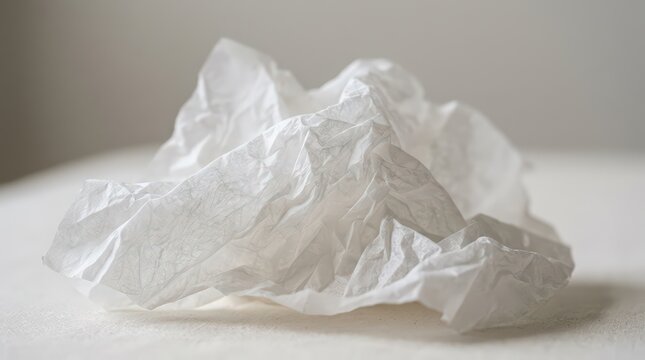 Crumpled white tissue paper, wrinkled paper napkin on neutral background, discarded soft facial tissue for hygiene and waste concepts