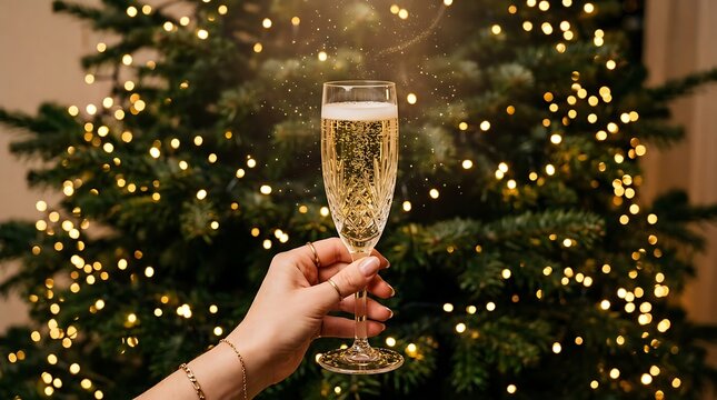 Hand holding a glass of champagne with festive christmas tree lights in the background, celebrating a holiday toast with sparkling wine