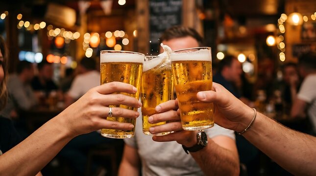 Friends toasting with glasses of beer in a pub