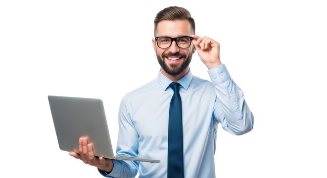 Smiling Businessman Holding Laptop And Adjusting Glasses In Office Setting