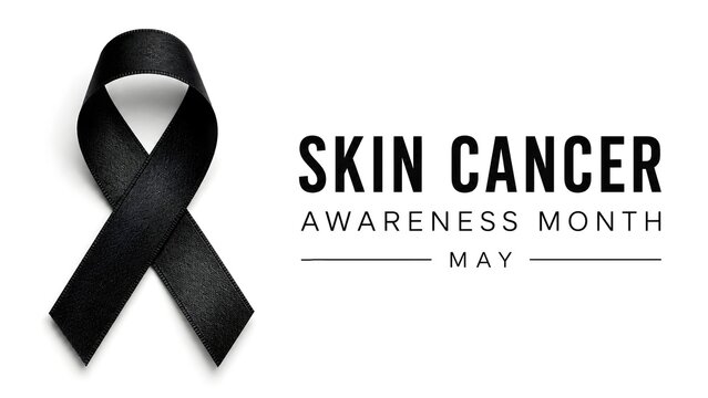 Black awareness ribbon with Skin Cancer Awareness Month May message, supporting prevention, early detection, sun safety, screening and health education