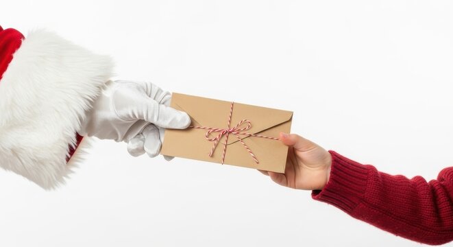 Santa Claus Hand Giving Christmas Gift Box To Another Person For Holiday