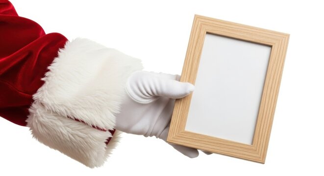 Santa Claus Hand Holding Blank Wooden Picture Frame For Christmas Design