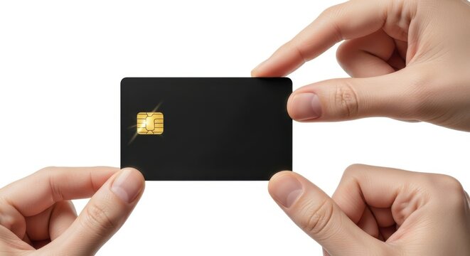 Hands Holding Blank Black Credit Card For Banking Payment And Finance Concept