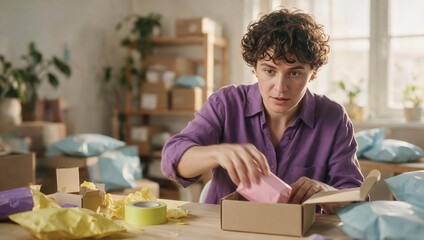 Fototapeta premium Young man in purple shirt packages items gently. Box opens with care, surrounded by packing supplies. Soft light illuminates workspace filled with boxes and plants