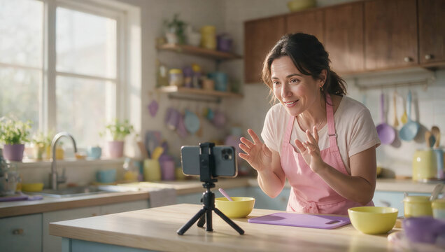 Warm kitchen with soft natural light. Smiling woman gestures animatedly to camera. She wears pink apron, focused and cheerful. Phone mounted on tripod captures her demonstration