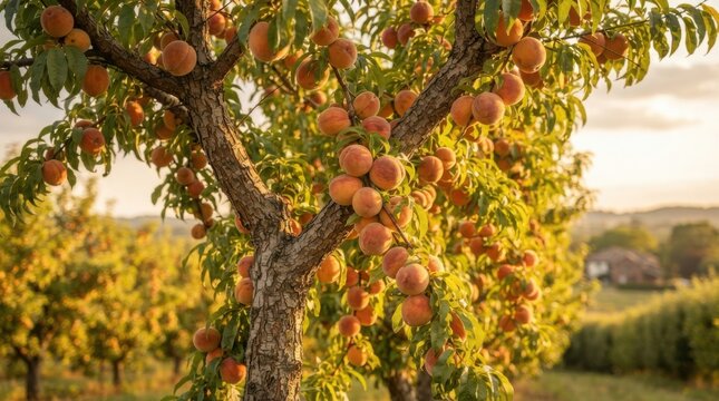 Peach tree with ripe peaches in orchard. Harvest-ready fruit on a sunny day.