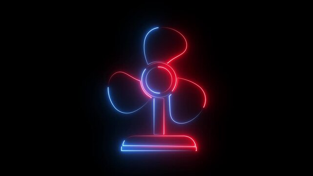 Glowing red blue neon table fan icon air cooling blower ventilator symbol dark background.